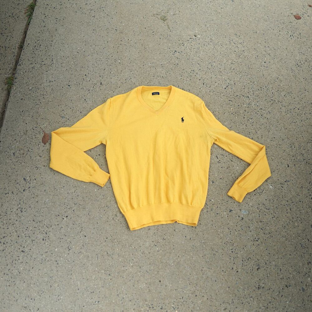 Polo Ralph Lauren Mens M Yellow Merino Wool V-Neck Sweater Classic Pony Medium